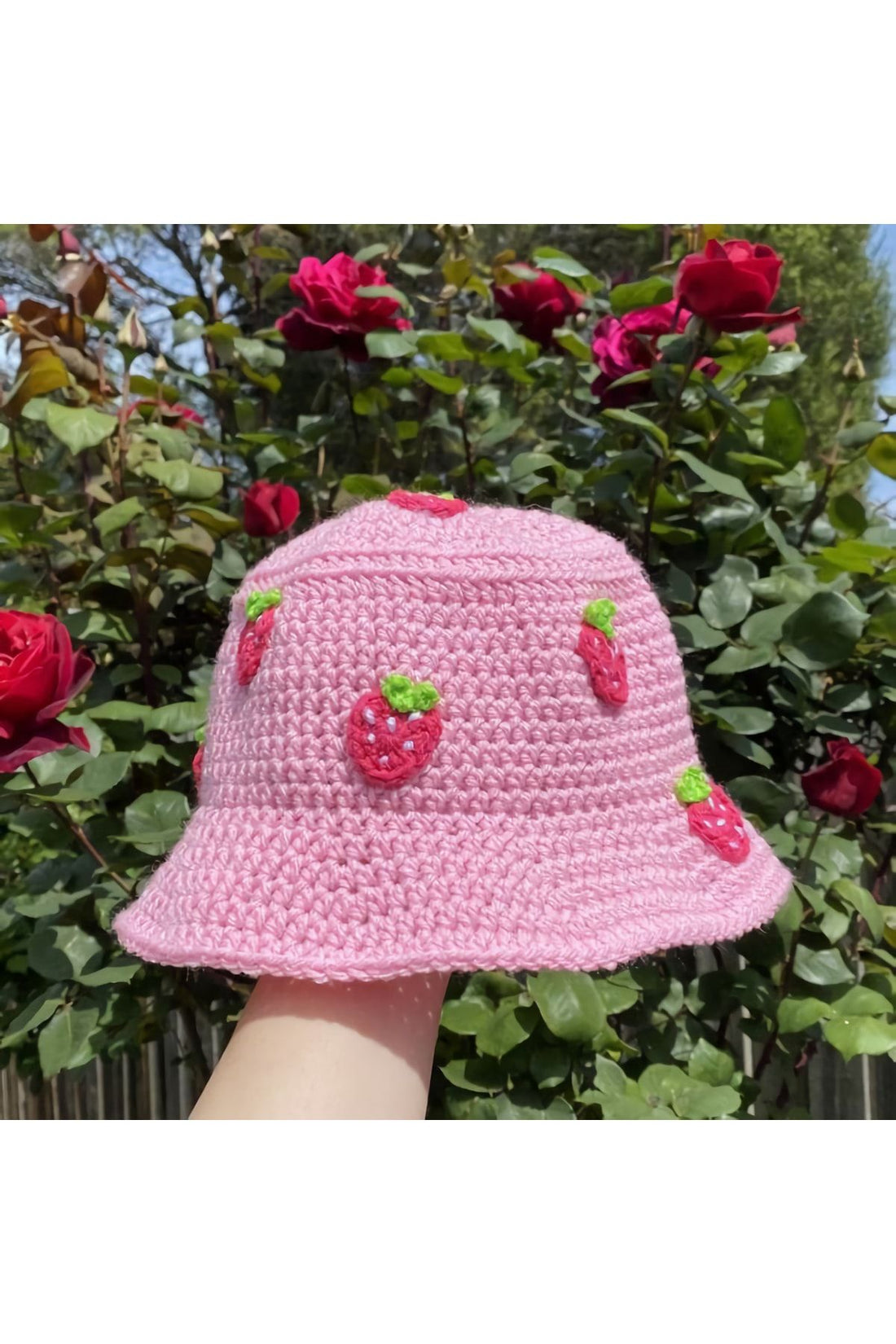 Handmade Strawberry Crochet Bucket Hat – Pink &amp; Playful